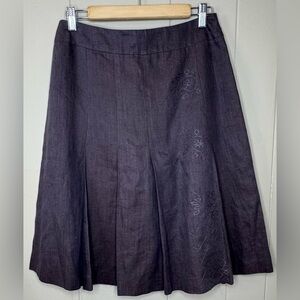 100% Linen Tristan & Iseut Embroidered Lined Pleated Midi Skirt Womens Size 6
